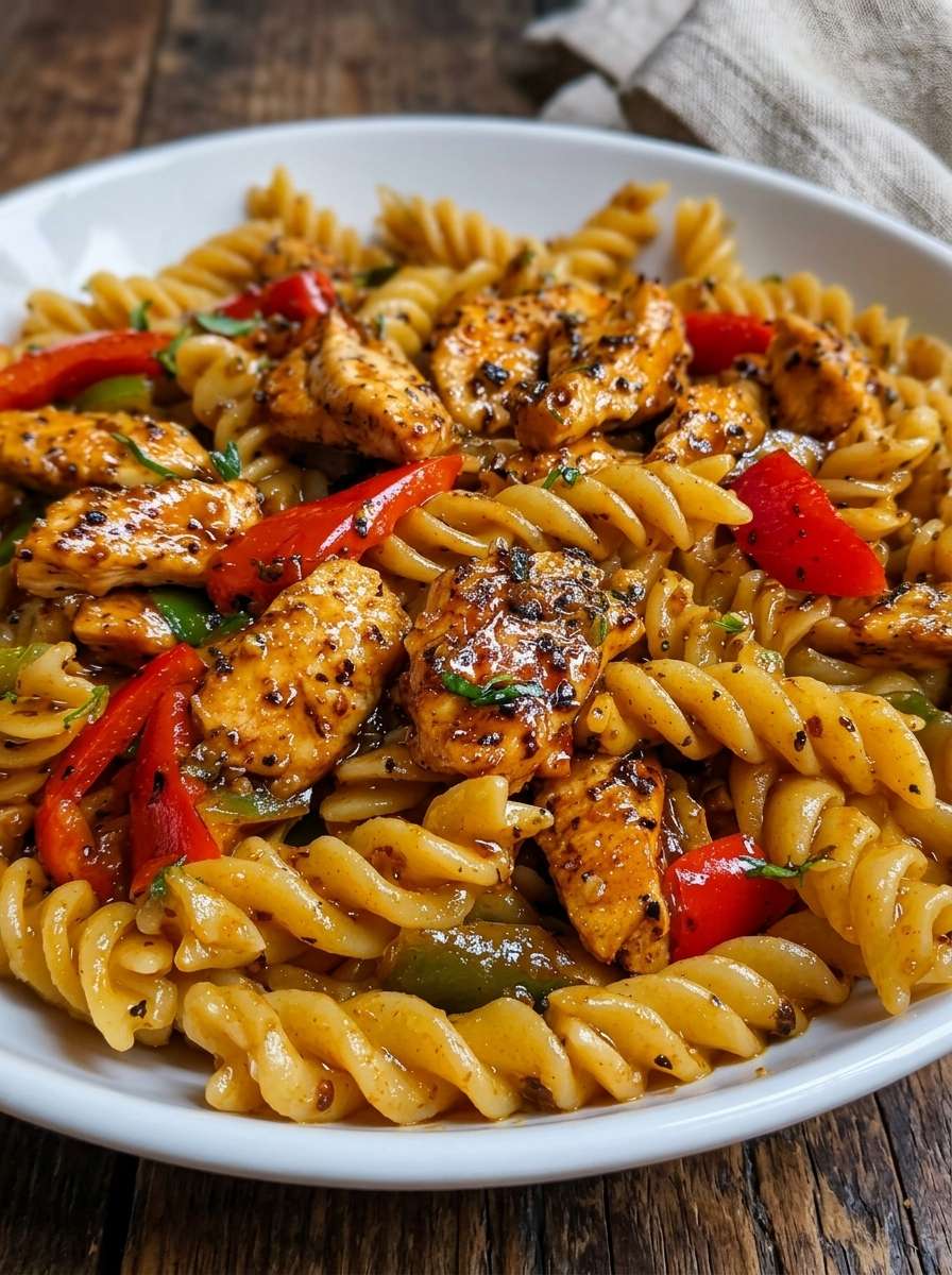 Honey pepper chicken pasta with golden chicken pieces, rotini pasta, colorful bell peppers, glossy honey garlic sauce, and fresh parsley.