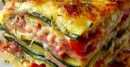 Zucchini lasagna with thin zucchini layers, cooked ham, sliced tomatoes, creamy béchamel sauce, melted mozzarella, and golden Parmesan topping.