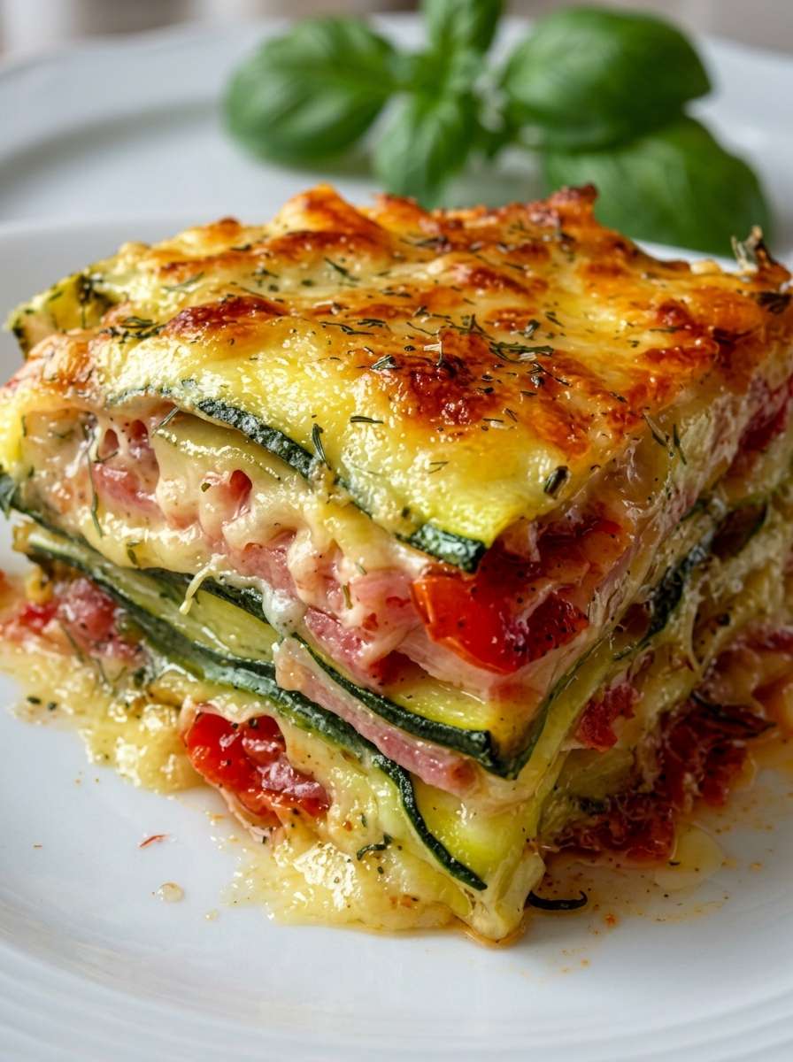 Zucchini lasagna with thin zucchini layers, cooked ham, sliced tomatoes, creamy béchamel sauce, melted mozzarella, and golden Parmesan topping.
