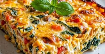 Cottage cheese egg bake sliced into squares with spinach, mushrooms, cherry tomatoes, cheddar cheese, spring onions, and fresh basil on top.