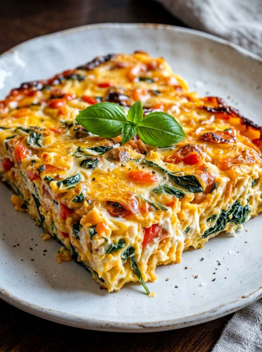 Cottage cheese egg bake sliced into squares with spinach, mushrooms, cherry tomatoes, cheddar cheese, spring onions, and fresh basil on top.