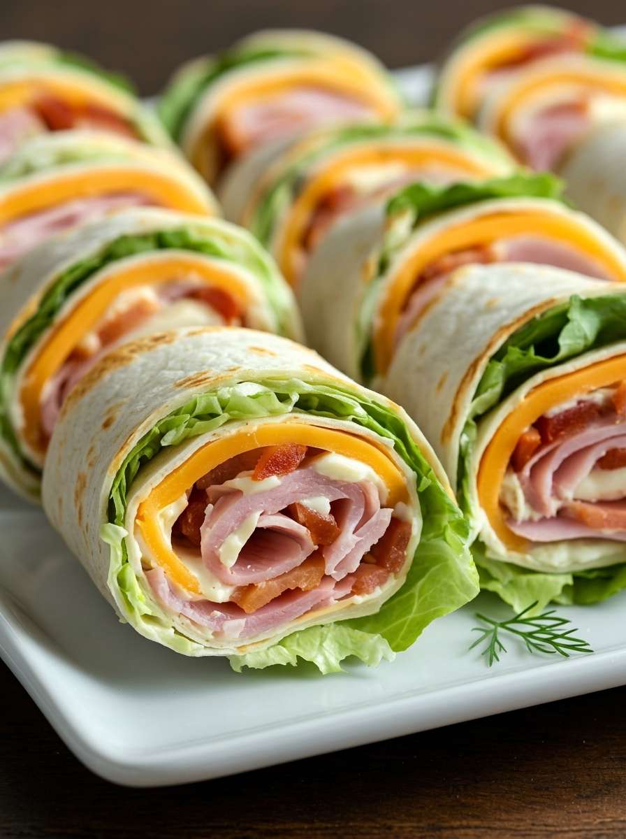 Ham and cheese tortilla roll-ups sliced into pinwheels with creamy cheese spread, cooked ham, cheddar, lettuce, and tomatoes on a serving plate.