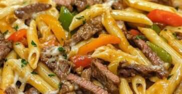 Creamy steak fajita pasta with penne, tender steak strips, red yellow and green bell peppers, melted cheese, and fresh parsley in a skillet.