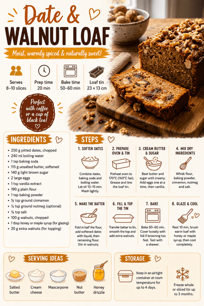 Sliced homemade date and walnut loaf topped with crunchy walnuts and a glossy honey glaze, served on a wooden board beside a warm cup of tea.