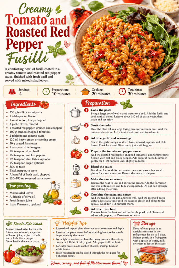 Creamy tomato and roasted red pepper fusilli coated in a smooth orange-red Parmesan sauce, topped with fresh basil and served beside mixed salad leaves.
