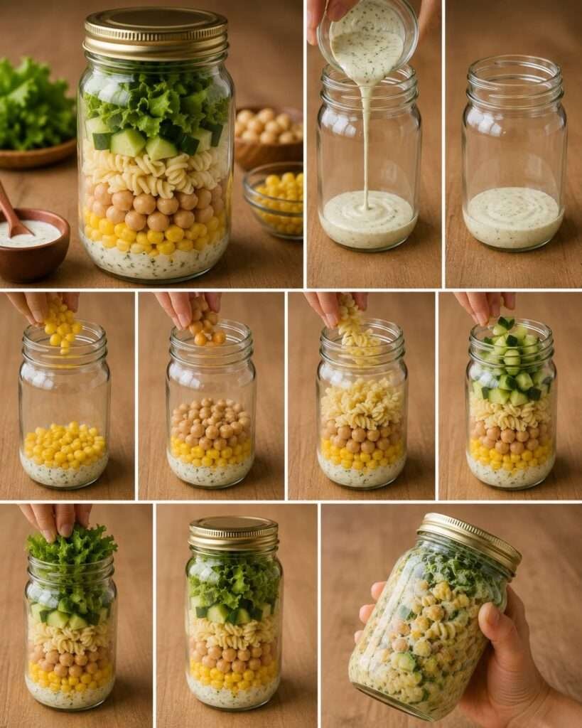 Colorful layered mason jar salad filled with vinaigrette, sweet corn, chickpeas, pasta, cucumber, and crisp green lettuce, ready for an easy packed lunch