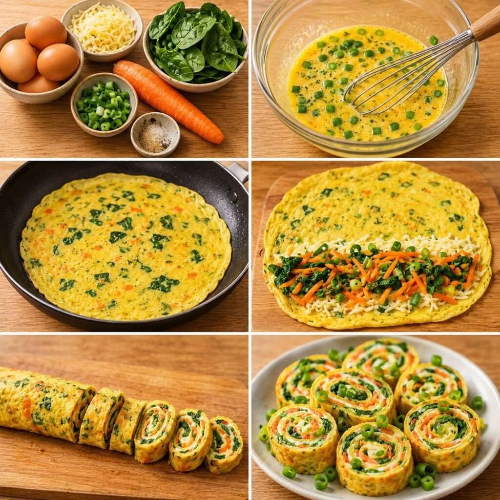 Sliced vegetable rolled omelet filled with melted cheese, spinach, grated carrot, and scallions, arranged in colorful bite-size rounds for a healthy lunchbox.