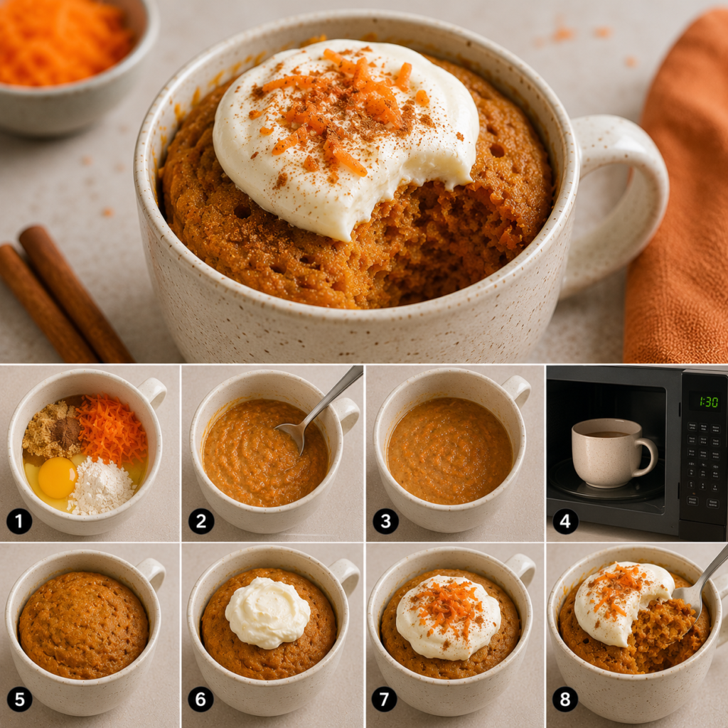 Warm carrot cinnamon mug cake served in a ceramic cup, topped with sweet cream cheese and a light sprinkle of cinnamon for a quick homemade dessert.