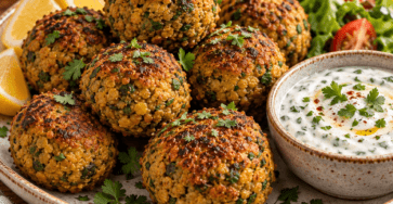 Golden baked curry lentil meatballs served on a plate with creamy lemon yogurt sauce, fresh herbs, and a light sprinkle of curry seasoning.