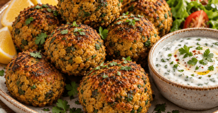 Golden baked curry lentil meatballs served on a plate with creamy lemon yogurt sauce, fresh herbs, and a light sprinkle of curry seasoning.