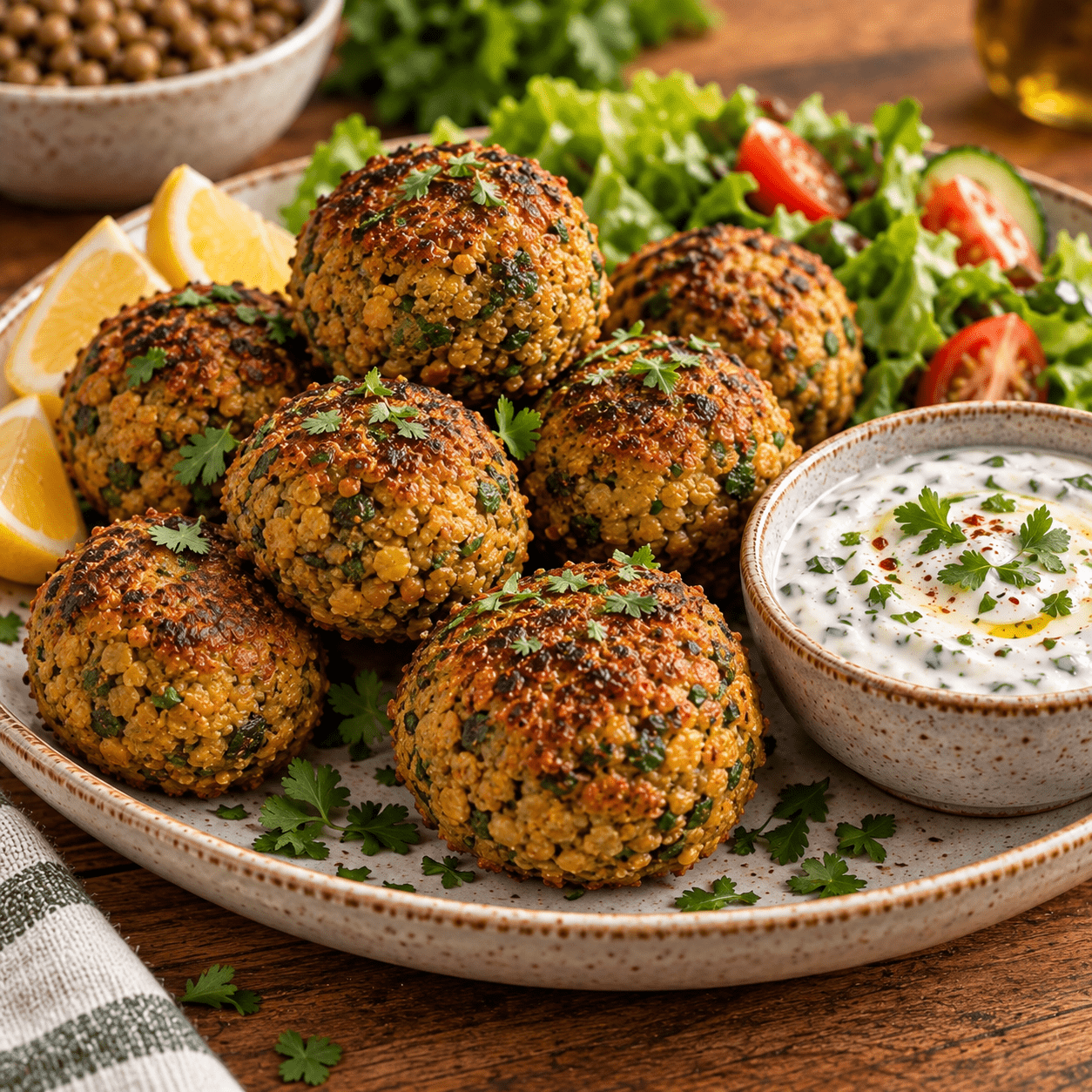 Golden baked curry lentil meatballs served on a plate with creamy lemon yogurt sauce, fresh herbs, and a light sprinkle of curry seasoning.