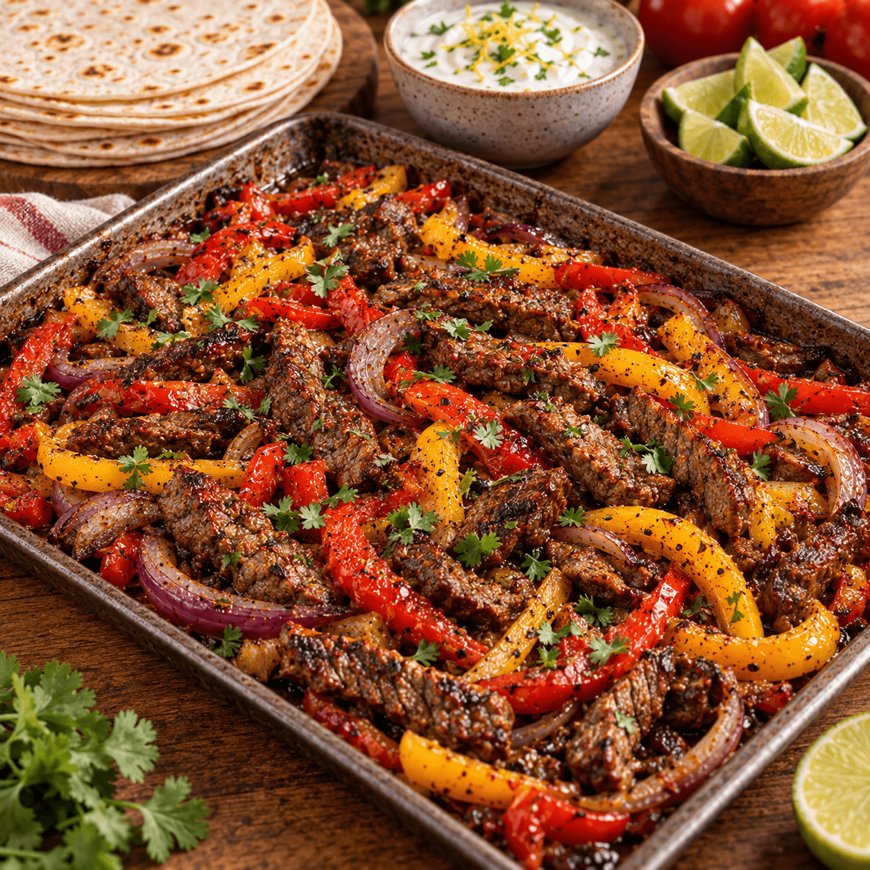 Sheet pan fajita-style beef with roasted red and yellow peppers, sliced onions, warm tortillas, and creamy lemon sauce served on the side.