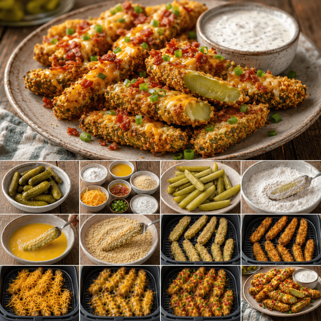 Crispy air fryer pickle fries covered with melted shredded cheese and bacon, garnished with chopped scallions and served with creamy ranch dipping sauce.