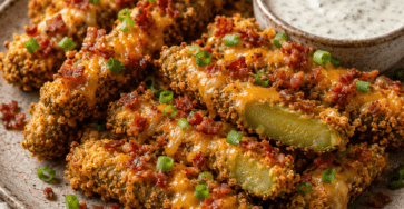 Crispy air fryer pickle fries covered with melted shredded cheese and bacon, garnished with chopped scallions and served with creamy ranch dipping sauce.