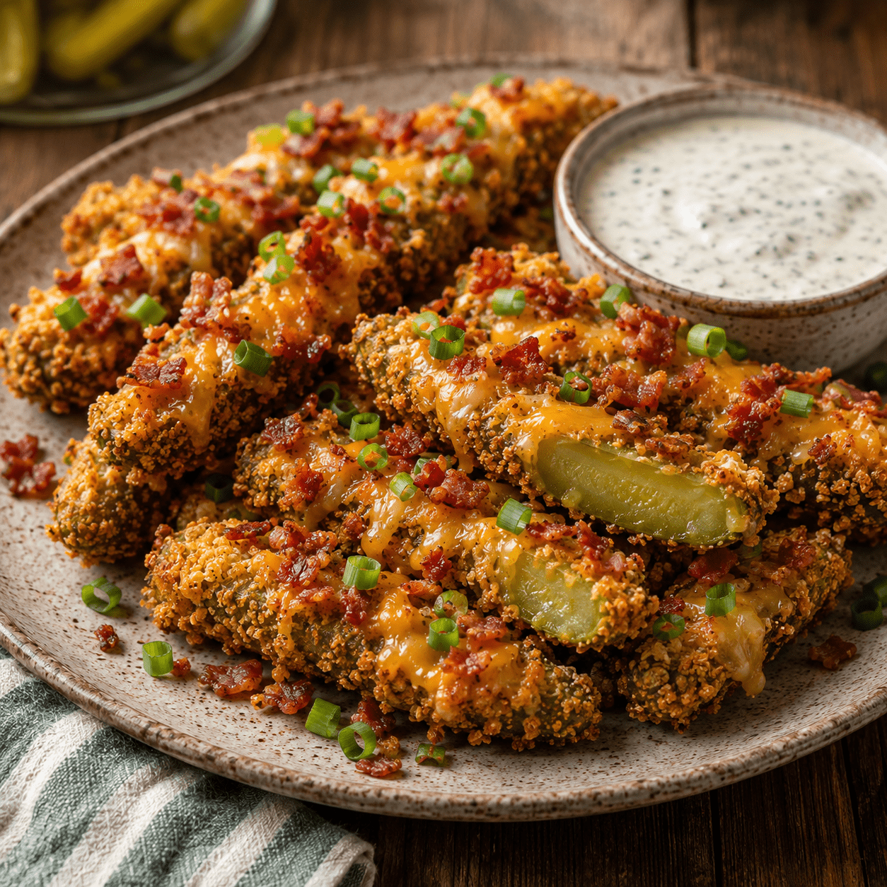 Crispy air fryer pickle fries covered with melted shredded cheese and bacon, garnished with chopped scallions and served with creamy ranch dipping sauce.