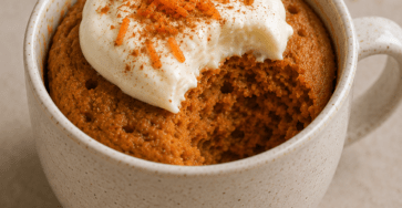 Warm carrot cinnamon mug cake served in a ceramic cup, topped with sweet cream cheese and a light sprinkle of cinnamon for a quick homemade dessert.