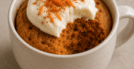 Warm carrot cinnamon mug cake served in a ceramic cup, topped with sweet cream cheese and a light sprinkle of cinnamon for a quick homemade dessert.