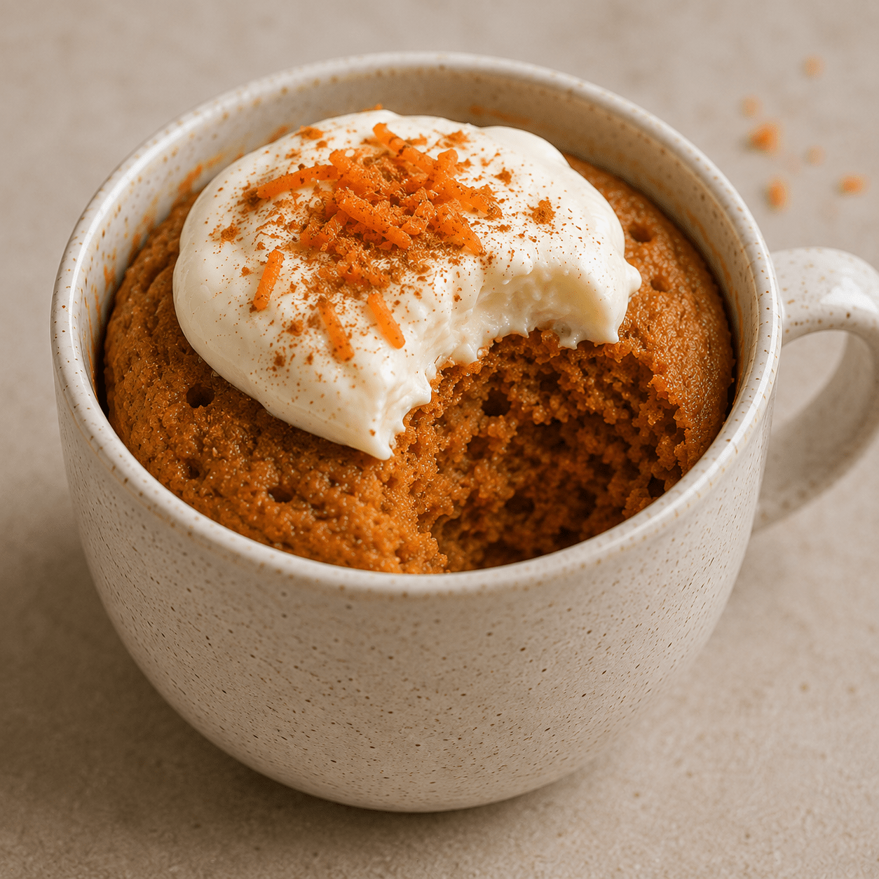 Warm carrot cinnamon mug cake served in a ceramic cup, topped with sweet cream cheese and a light sprinkle of cinnamon for a quick homemade dessert.