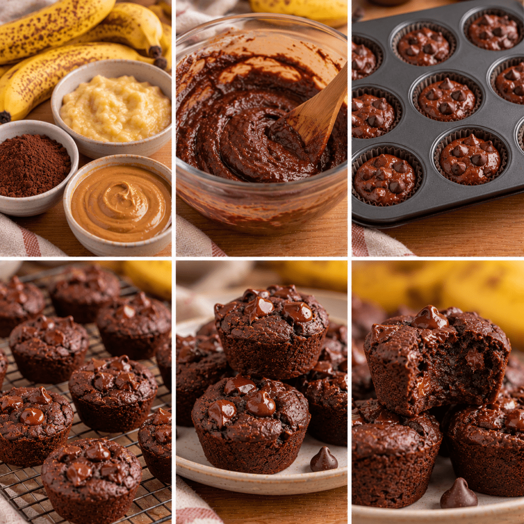 Fudgy banana brownie bites made with cocoa and nut butter, topped with chocolate chips and served on a plate with a soft, moist chocolate center.