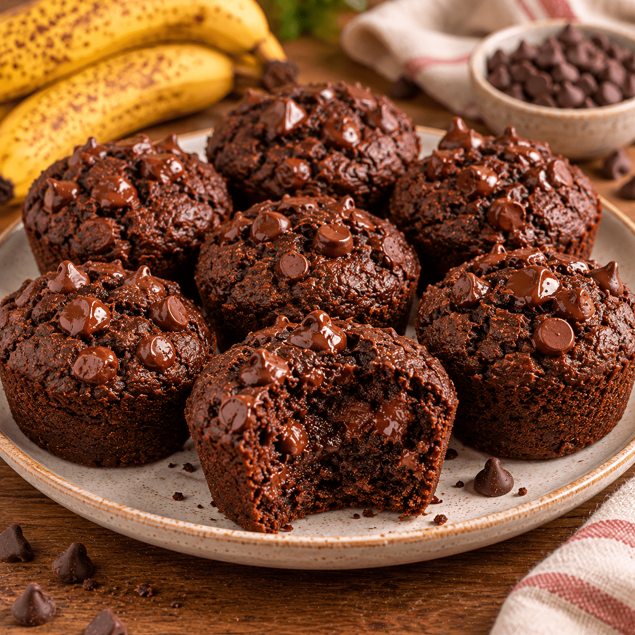 Fudgy banana brownie bites made with cocoa and nut butter, topped with chocolate chips and served on a plate with a soft, moist chocolate center.