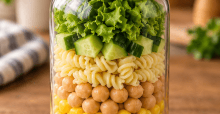 Colorful layered mason jar salad filled with vinaigrette, sweet corn, chickpeas, pasta, cucumber, and crisp green lettuce, ready for an easy packed lunch