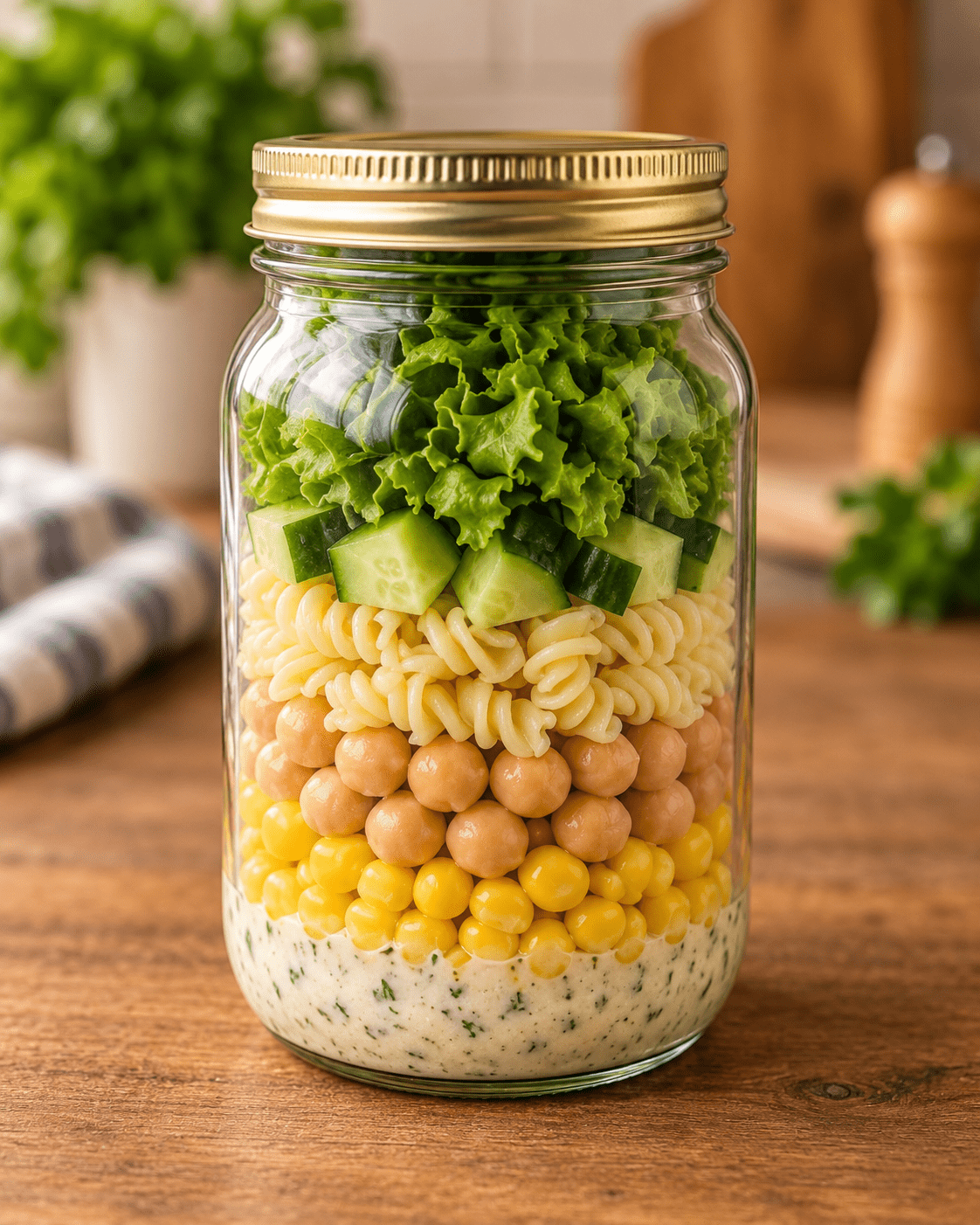 Colorful layered mason jar salad filled with vinaigrette, sweet corn, chickpeas, pasta, cucumber, and crisp green lettuce, ready for an easy packed lunch