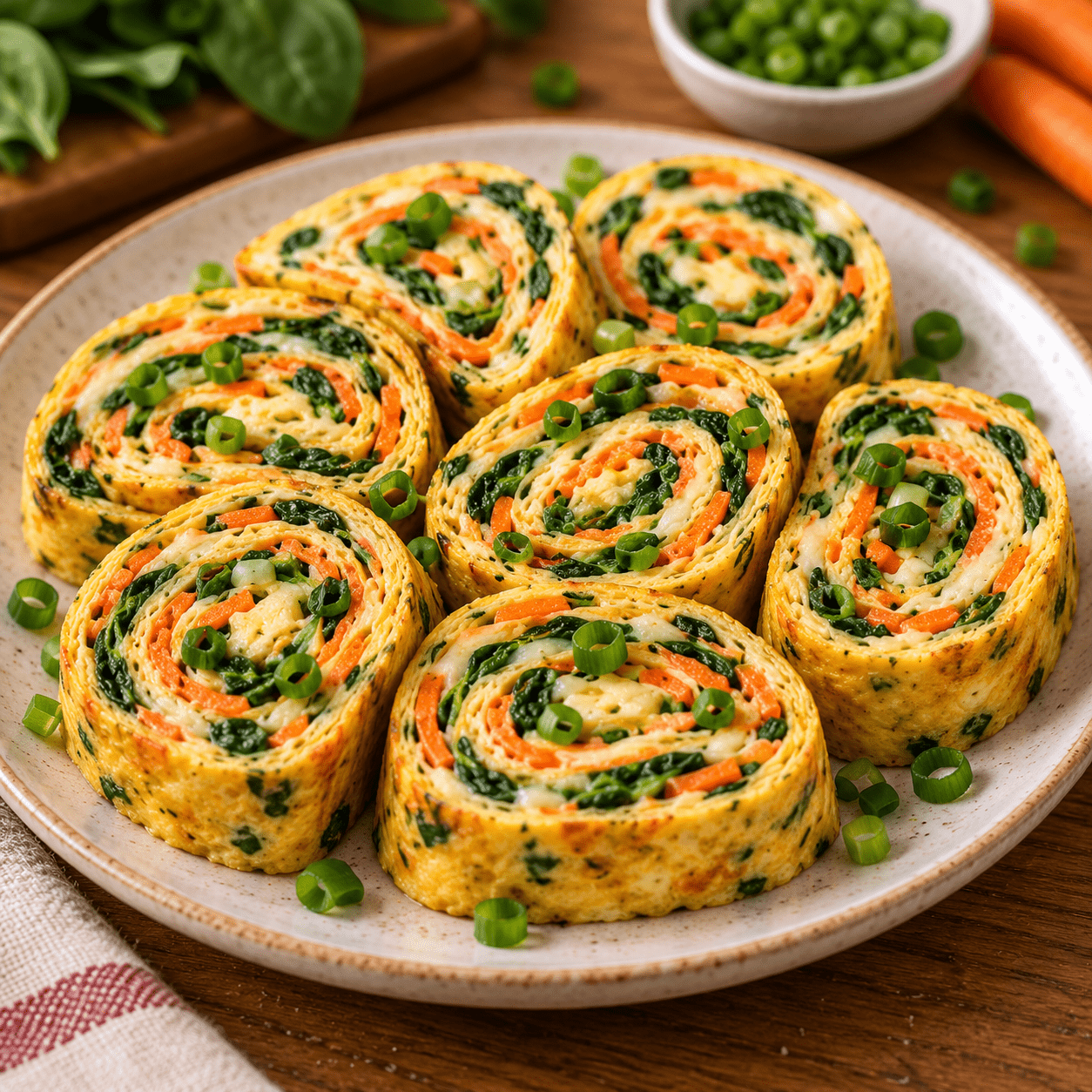 Sliced vegetable rolled omelet filled with melted cheese, spinach, grated carrot, and scallions, arranged in colorful bite-size rounds for a healthy lunchbox.