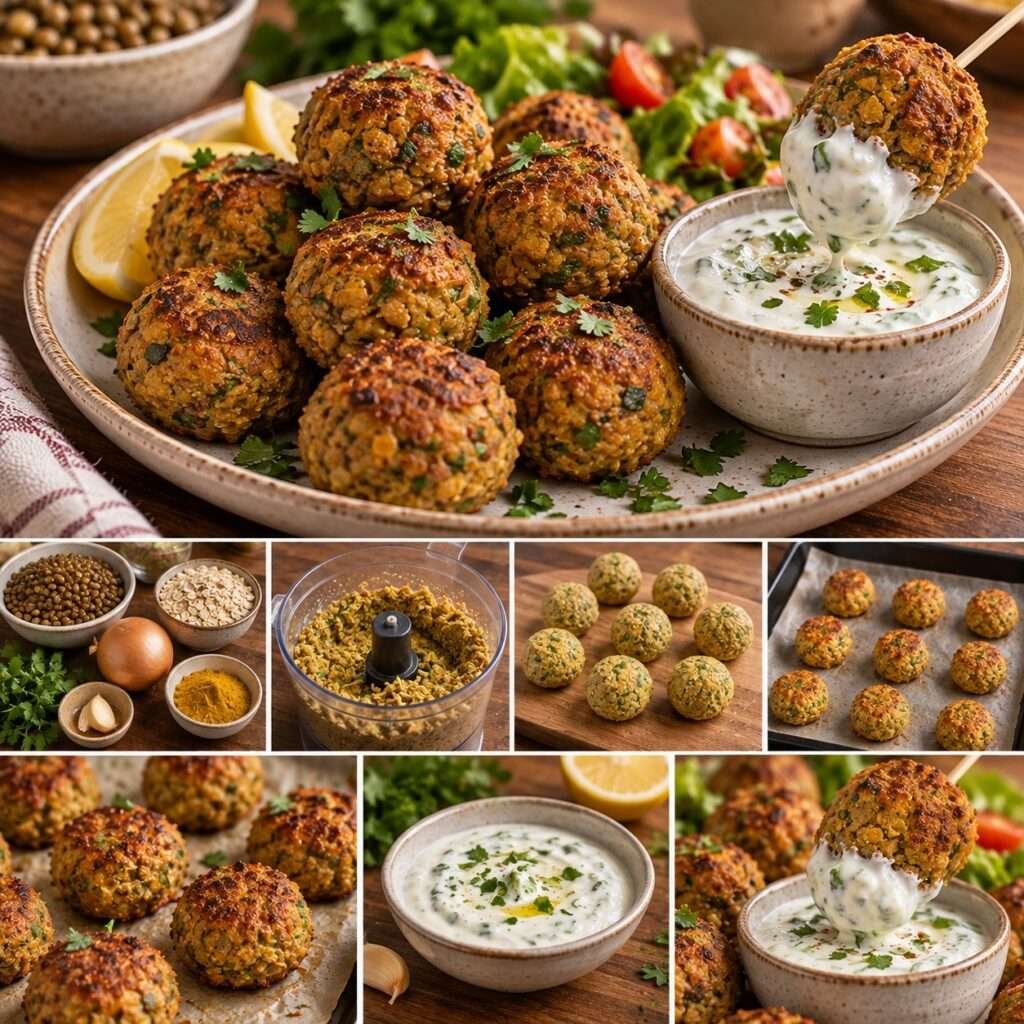 Golden baked curry lentil meatballs served on a plate with creamy lemon yogurt sauce, fresh herbs, and a light sprinkle of curry seasoning.