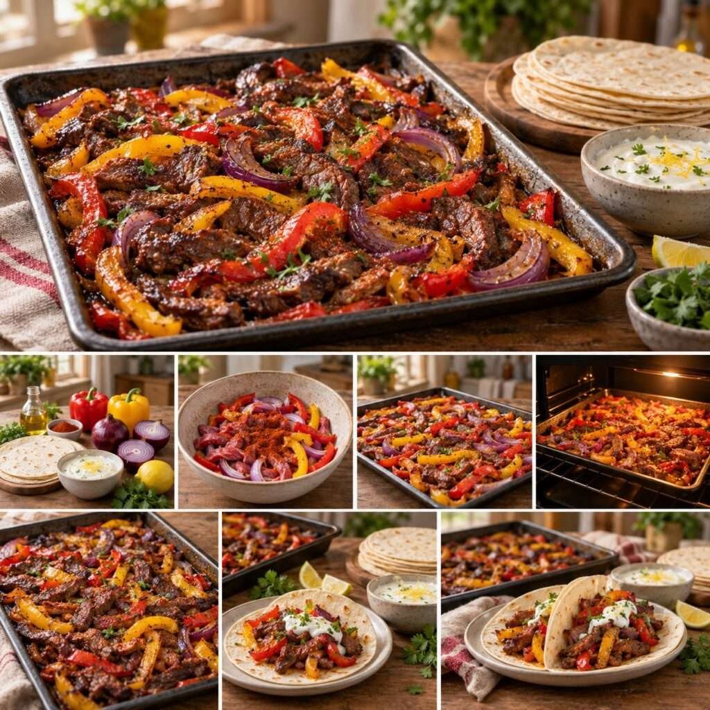 Sheet pan fajita-style beef with roasted red and yellow peppers, sliced onions, warm tortillas, and creamy lemon sauce served on the side.