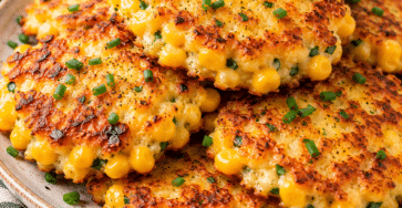 Golden savory corn and cheddar pancakes stacked on a plate, filled with sweet corn kernels, melted cheddar cheese, and fresh chopped chives.
