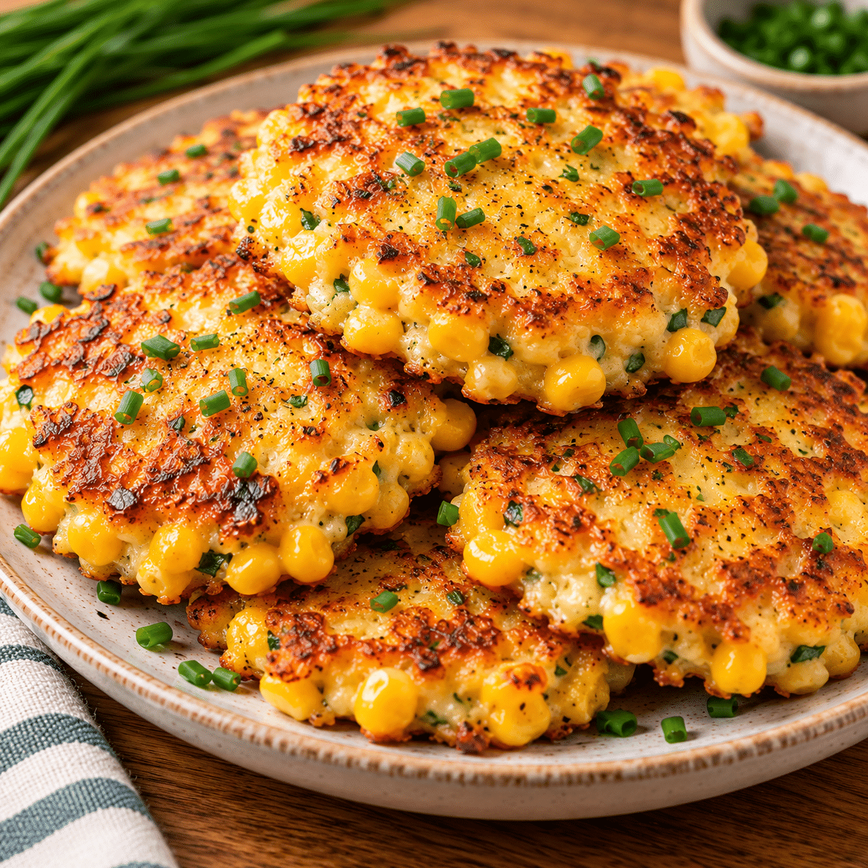 Golden savory corn and cheddar pancakes stacked on a plate, filled with sweet corn kernels, melted cheddar cheese, and fresh chopped chives.