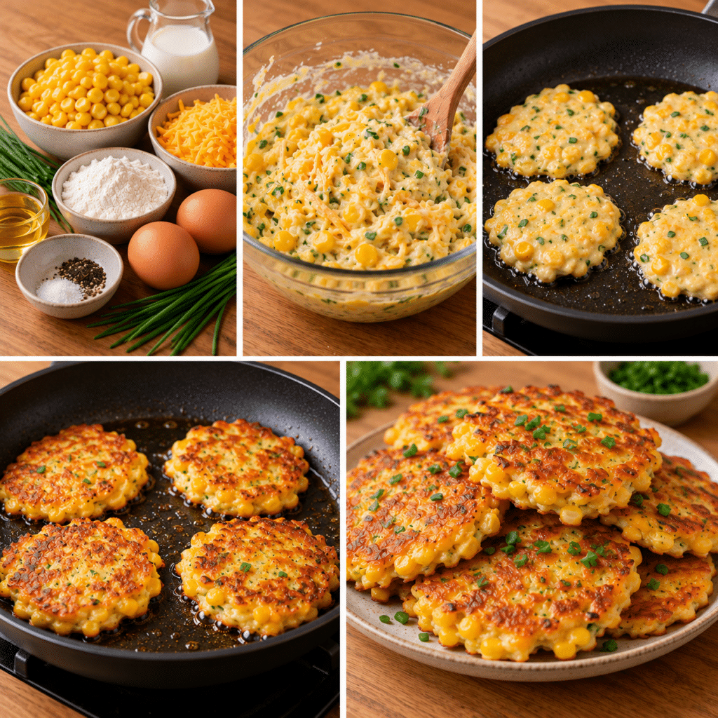 Golden savory corn and cheddar pancakes stacked on a plate, filled with sweet corn kernels, melted cheddar cheese, and fresh chopped chives.