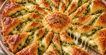 Golden pesto mozzarella sun tart made with twisted puff pastry rays, melted mozzarella, and basil pesto, served warm on a round platter.