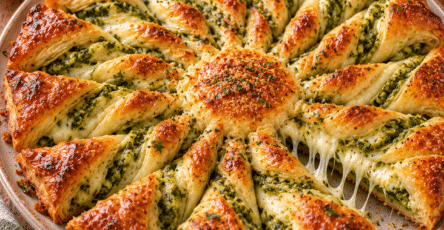 Golden pesto mozzarella sun tart made with twisted puff pastry rays, melted mozzarella, and basil pesto, served warm on a round platter.