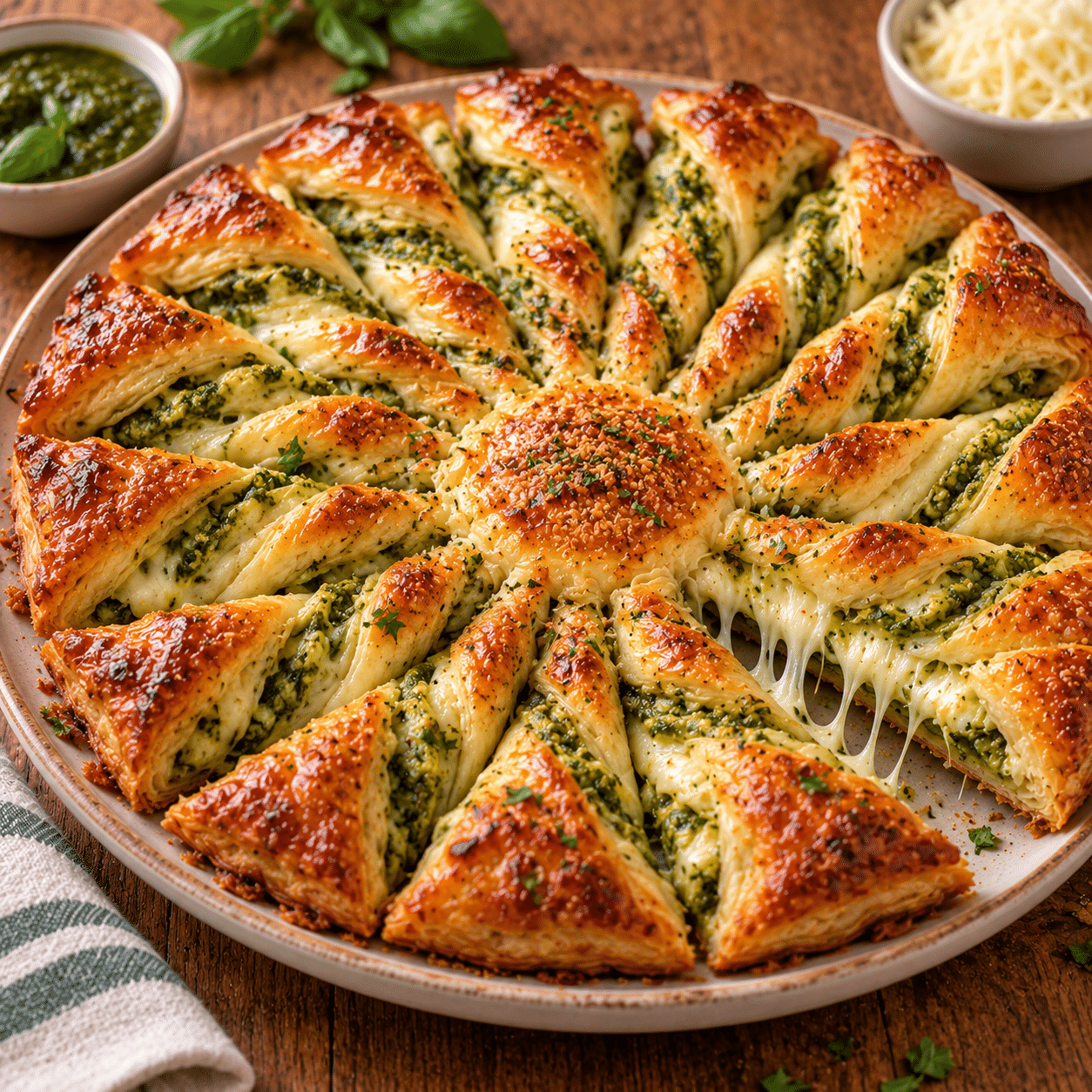 Golden pesto mozzarella sun tart made with twisted puff pastry rays, melted mozzarella, and basil pesto, served warm on a round platter.