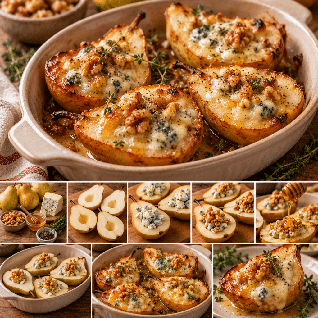 Roasted pear halves filled with melted blue cheese and chopped walnuts, drizzled with golden honey and garnished with fresh thyme.