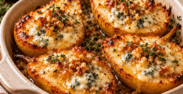Roasted pear halves filled with melted blue cheese and chopped walnuts, drizzled with golden honey and garnished with fresh thyme.