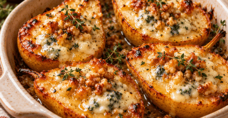 Roasted pear halves filled with melted blue cheese and chopped walnuts, drizzled with golden honey and garnished with fresh thyme.