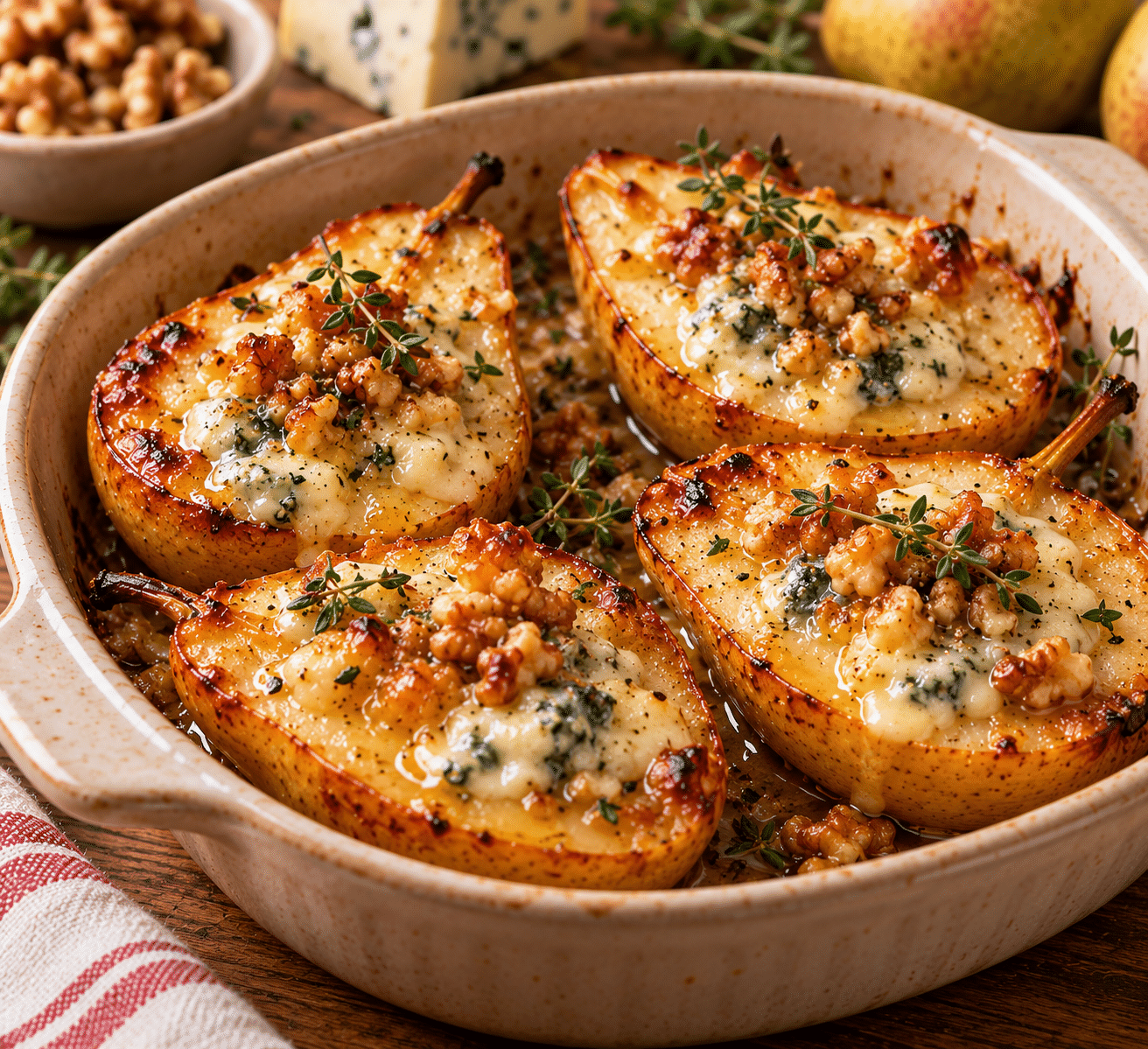 Roasted pear halves filled with melted blue cheese and chopped walnuts, drizzled with golden honey and garnished with fresh thyme.