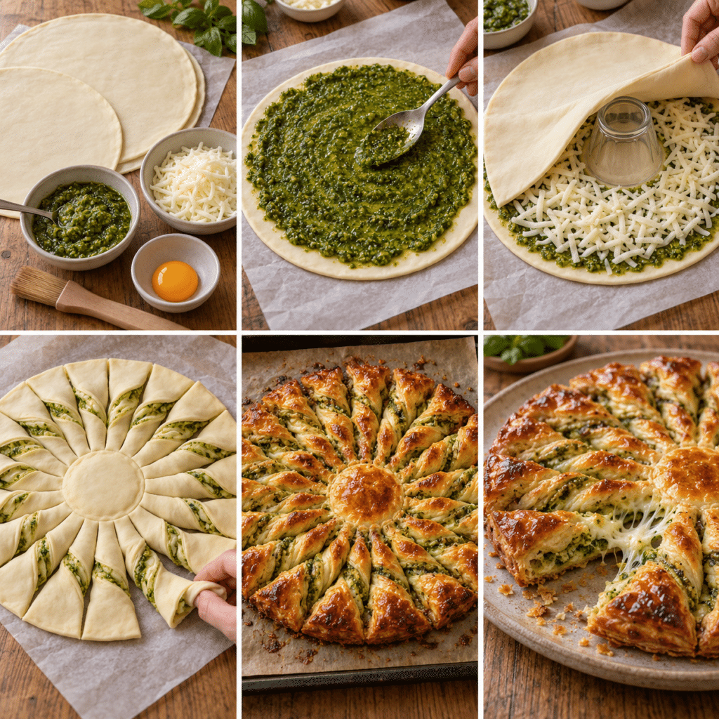 Golden pesto mozzarella sun tart made with twisted puff pastry rays, melted mozzarella, and basil pesto, served warm on a round platter.