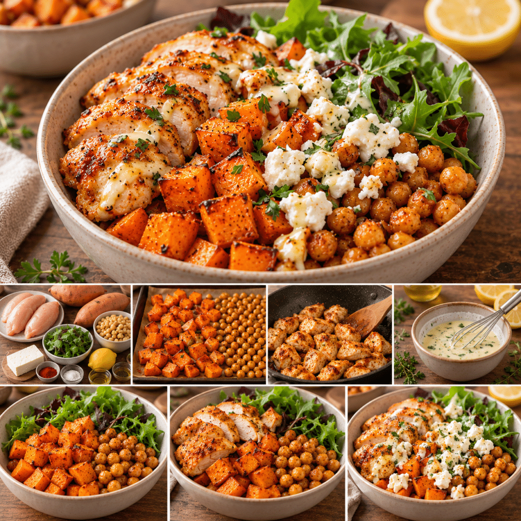 Warm chicken bowl with roasted sweet potato cubes, crispy chickpeas, crumbled feta, fresh salad greens, and lemon dressing served in a bowl.