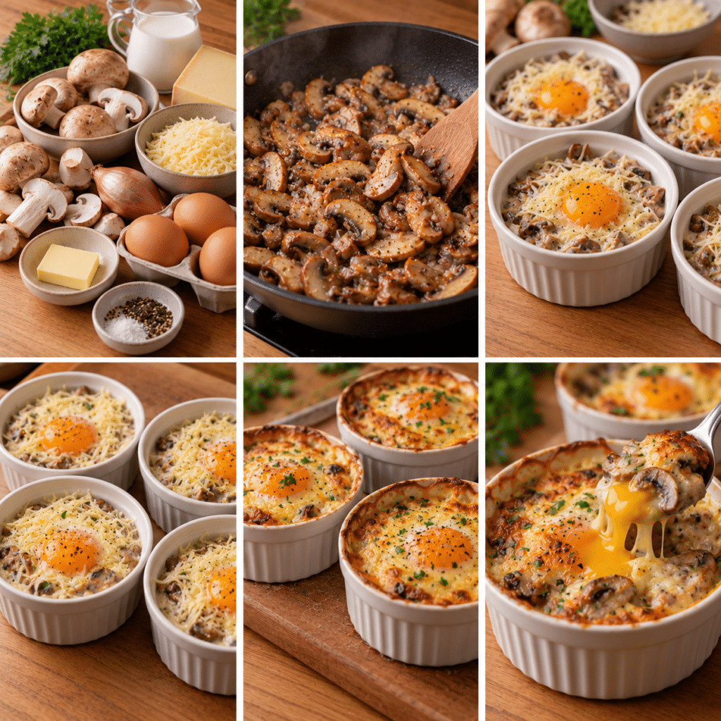 Individual baked eggs in ramekins with sautéed mushrooms, melted Comté cheese, cream, and a soft golden egg yolk on top.