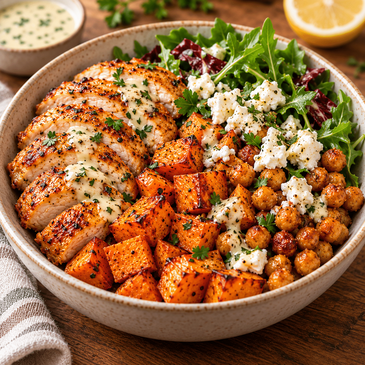 Warm chicken bowl with roasted sweet potato cubes, crispy chickpeas, crumbled feta, fresh salad greens, and lemon dressing served in a bowl.