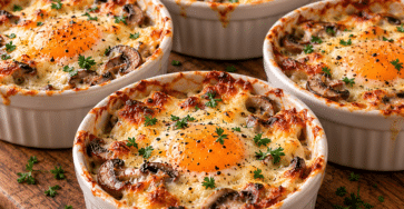 Individual baked eggs in ramekins with sautéed mushrooms, melted Comté cheese, cream, and a soft golden egg yolk on top.