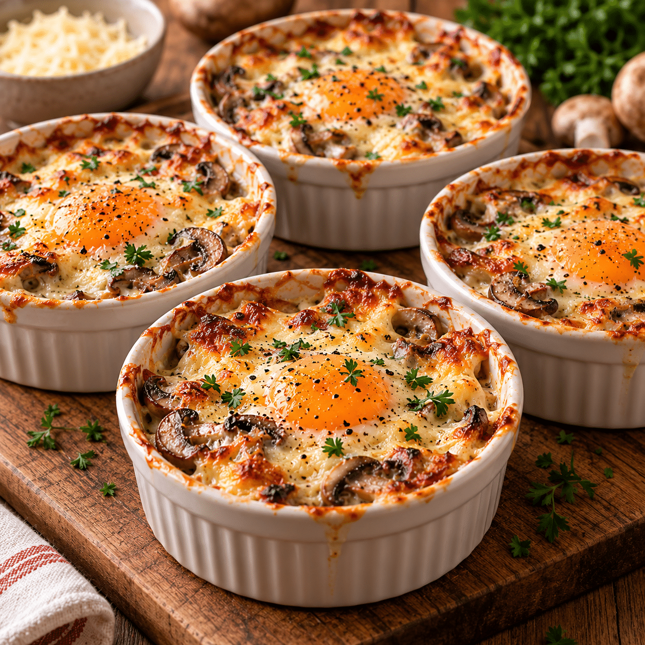 Individual baked eggs in ramekins with sautéed mushrooms, melted Comté cheese, cream, and a soft golden egg yolk on top.